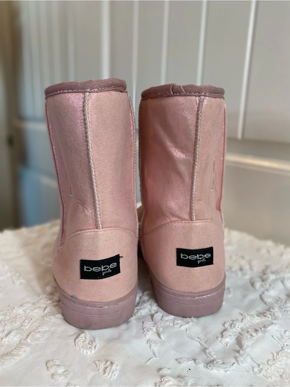bebe Shimmery Pink Mid-Calf Girls' Boots with Rhinestones